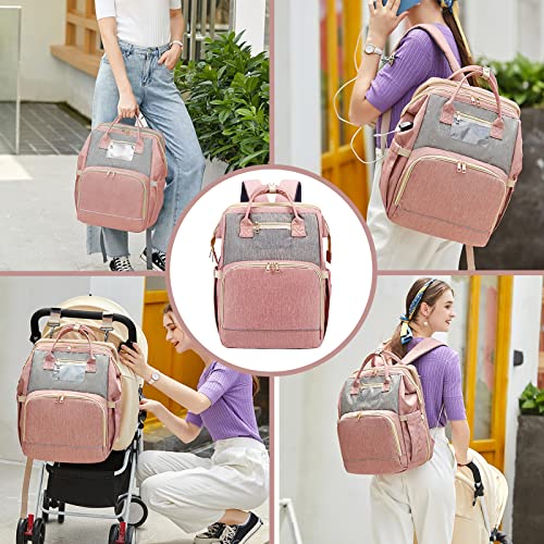 KABAQOO Diaper Bag Backpack, Large Baby Diaper Bags for Boys Girls, Baby Bag with USB Charging Port, Multifunction Waterproof Travel Back Pack for Moms Dads, Pink Grey