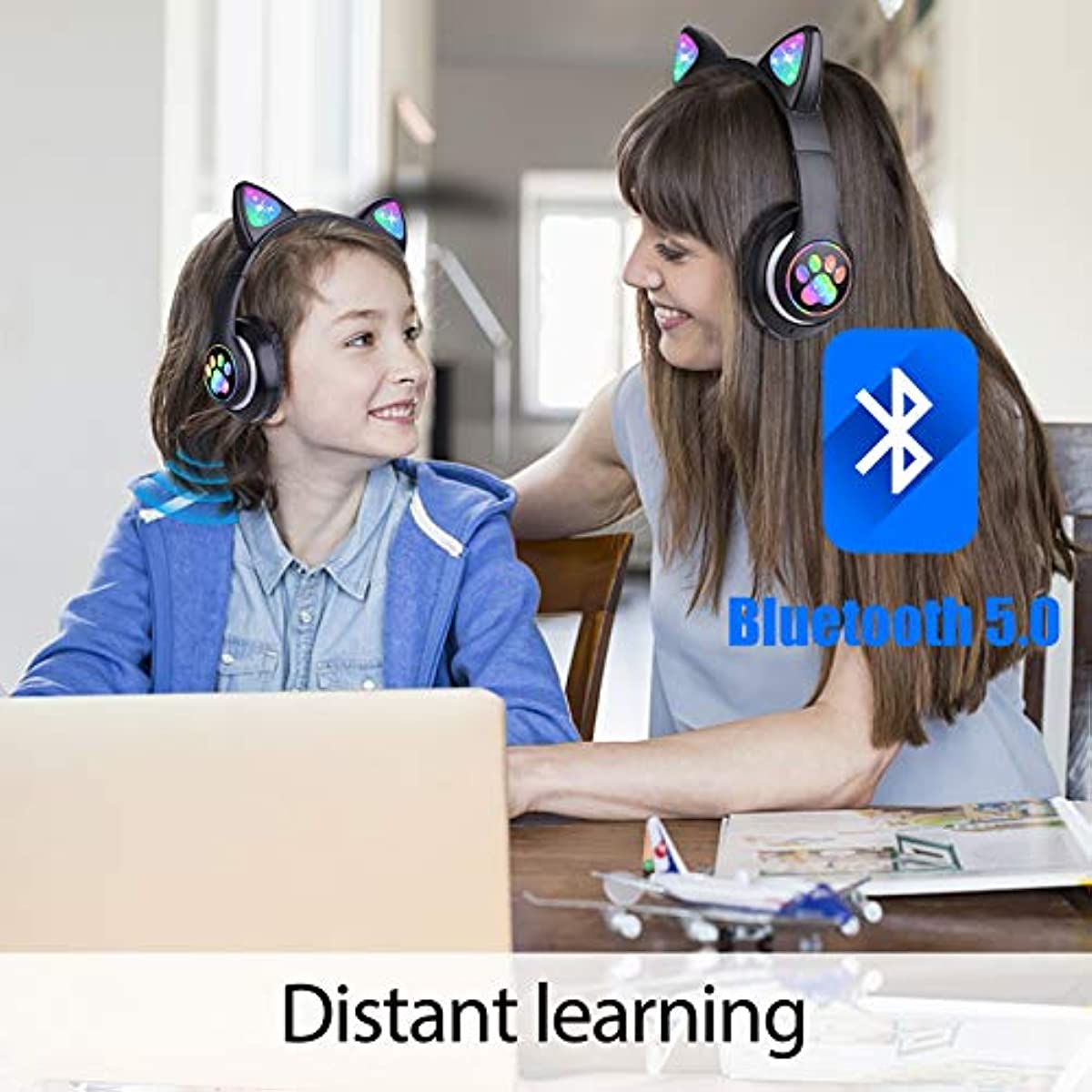 Wireless Headphones TCJJ Cat Ear LED Light Up Bluetooth Foldable Headphones Over Ear w/Microphone for Online Distant Learning (Black)