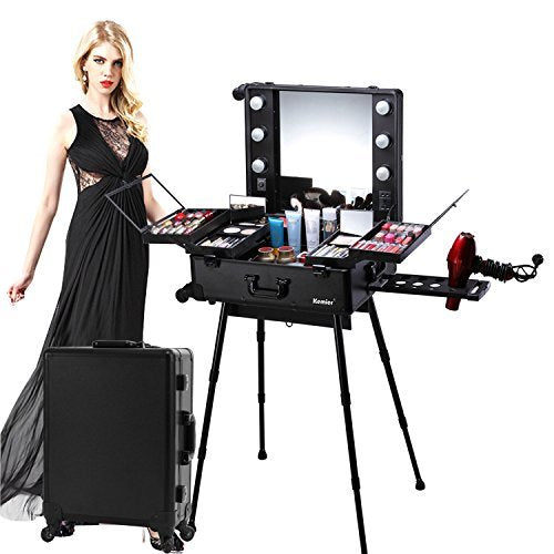 Kemier Makeup Case,Professional Artist Studio Cosmetic Train Table w/4 Rolling Wheels & Lights & Mirror,Pro Makeup Station,Cover Board and Easy Clean Extendable Trays,Adjustable Legs,Sturdy