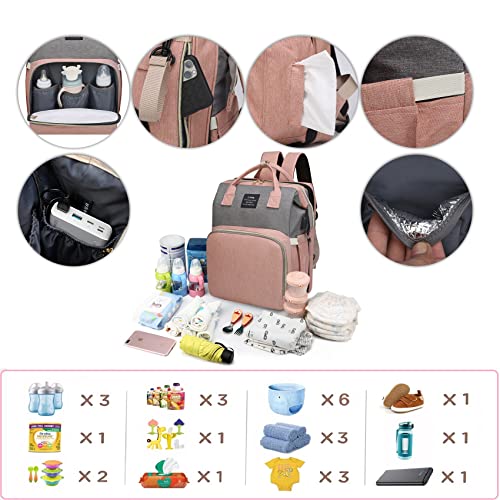 ANWTOTU Diaper Bag Backpack,7 in 1 Travel Diaper Bag,Mommy Bag With USB Charging Port (Pink-Grey)