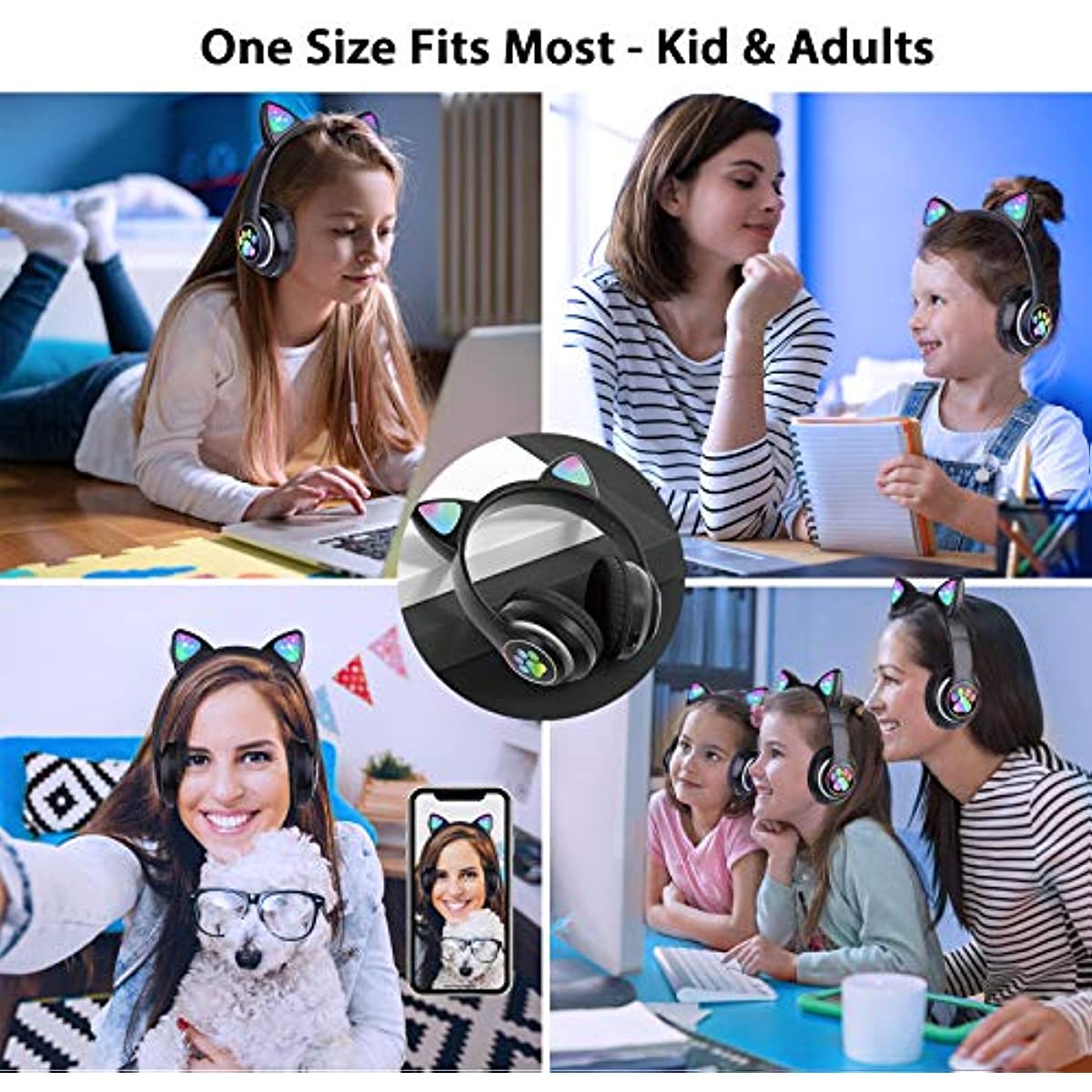 Wireless Headphones TCJJ Cat Ear LED Light Up Bluetooth Foldable Headphones Over Ear w/Microphone for Online Distant Learning (Black)