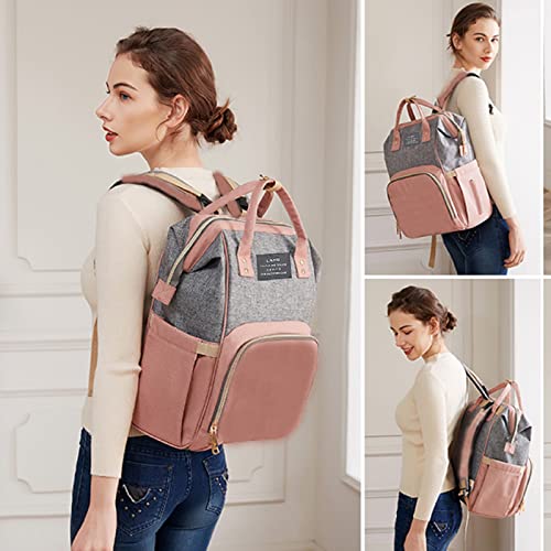 ANWTOTU Diaper Bag Backpack,7 in 1 Travel Diaper Bag,Mommy Bag With USB Charging Port (Pink-Grey)