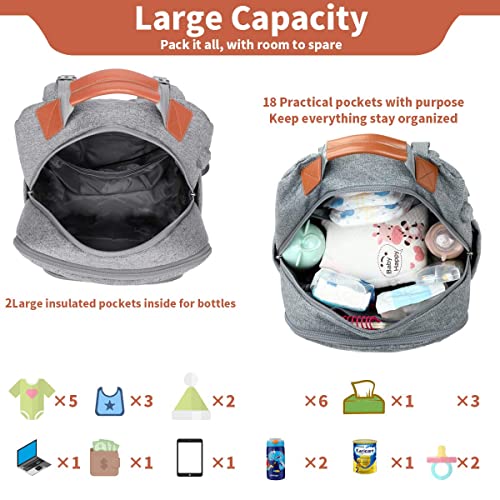 BILLITON MASHI Diaper Bag Backpack, Large Baby Nappy Bags with Portable Changing Pad for Boys and GirlsMultifunction Travel Baby Bag for Moms Dads, Shower Gifts Waterproof and Stylish, Grey