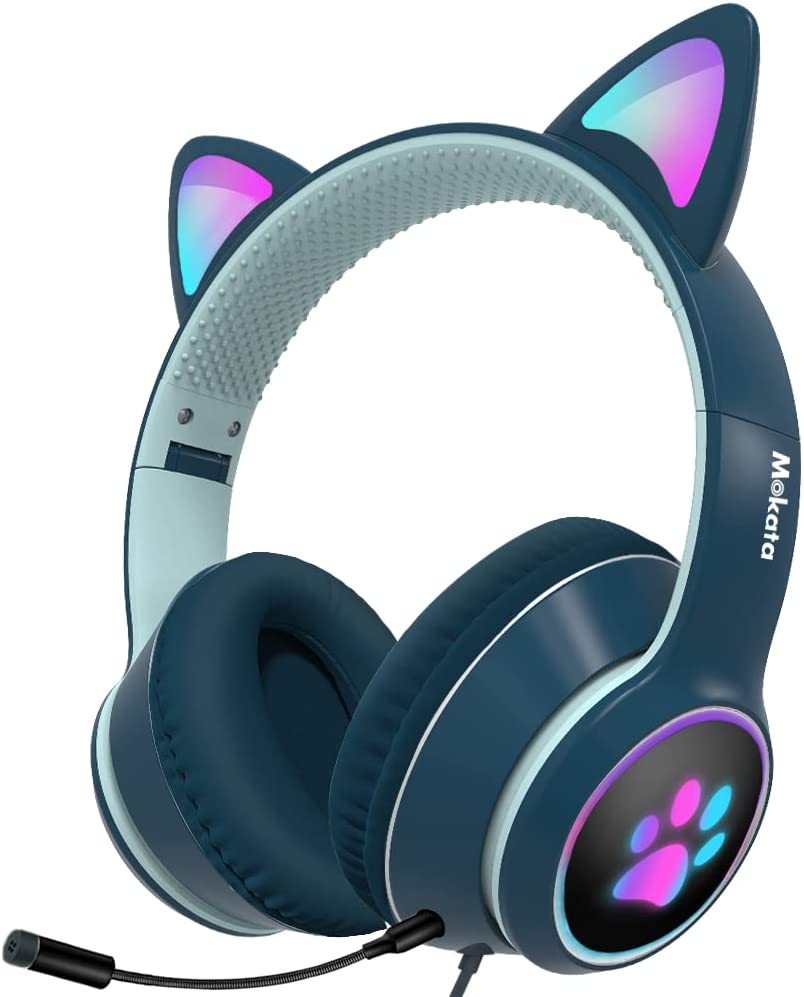 Mokata Gaming Headphone Wired AUX 3.5mm Over Ear Cat LED Light Fit Adult & Kids Foldable Stereo Headset Earmuffs with Microphone for PC PS4 Game Cellphone Laptop Pad H02 Navy Blue