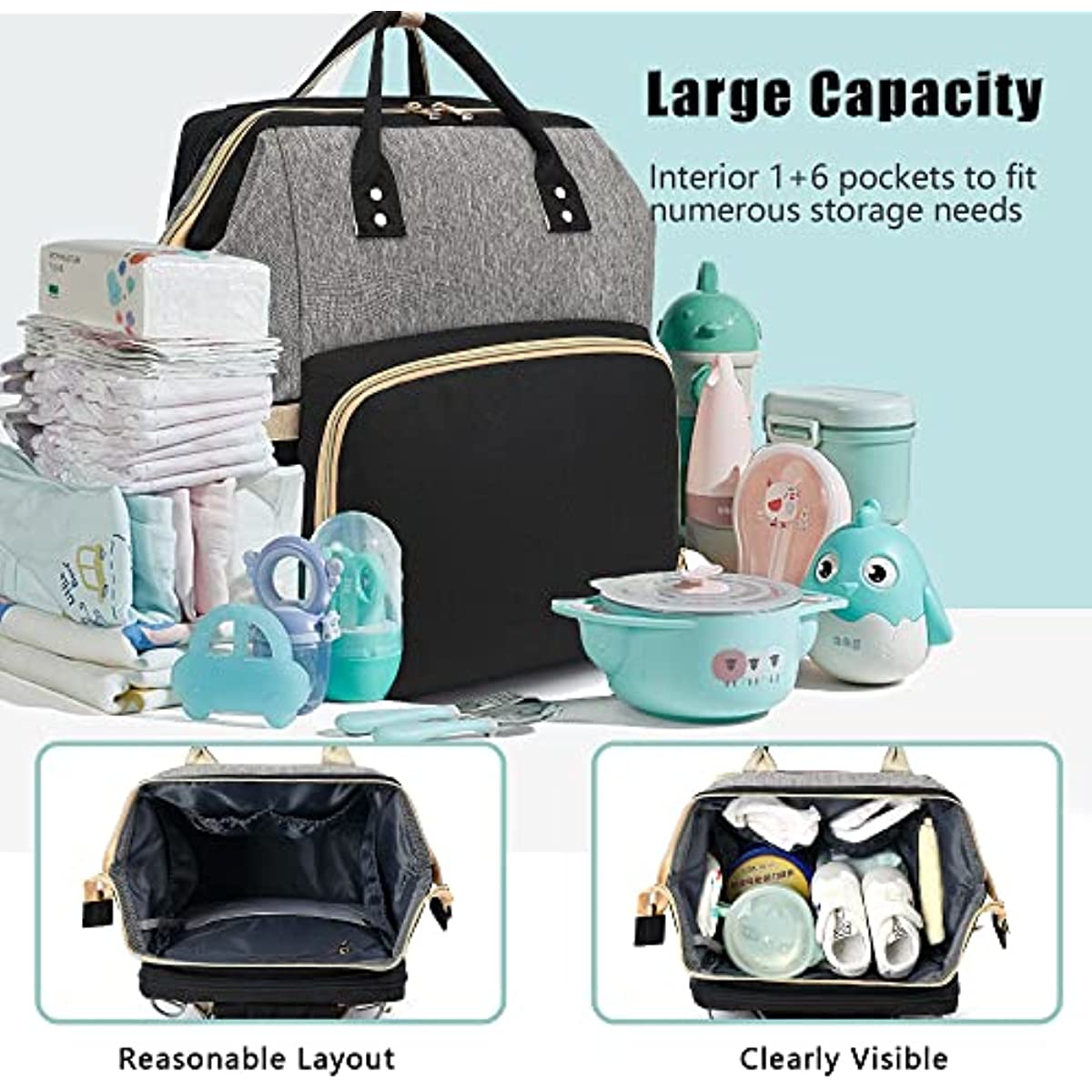 Diaper Bag Backpack - Large Travel Diaper Bags for Baby Girl & Boy - Portable Changing Pad, Stroller Straps, Insulated Pockets - Waterproof - Baby Shower Gifts - 16.5x9.4x14", 30L Capacity, Black Gray