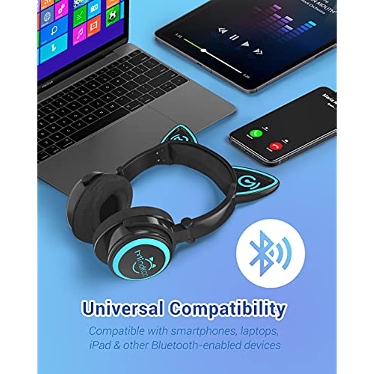 MindKoo Cat Ear Bluetooth Headphones with Microphone, LED Light Up Over Ear Headphones, Volume Control and Foldable Headset for Tablet/PC/iPad/Cell Phones, Gift for Kids Boys & Girls
