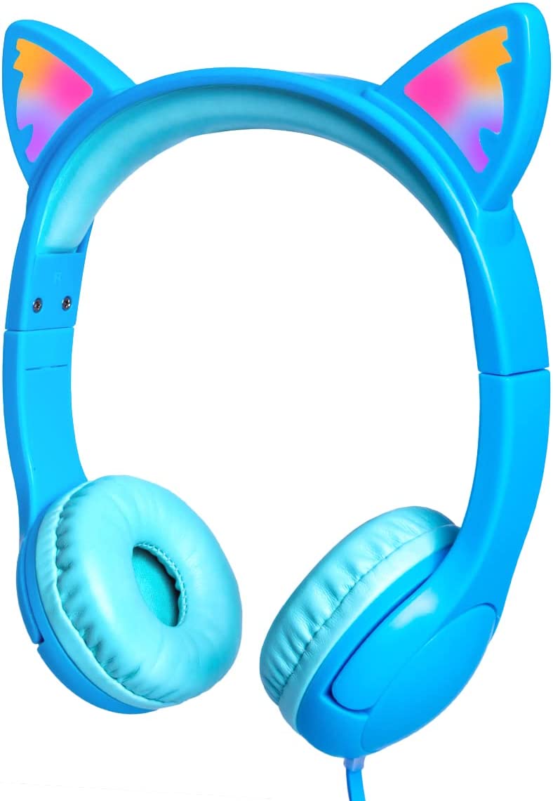 Olyre Kids Headphones, Safe 85db Volume Control Light Up Cat Ear Headphones for iPad Fire Tablet Kindle, On-Ear LED Children Headphones for School Learning Travel - Purple/Pink