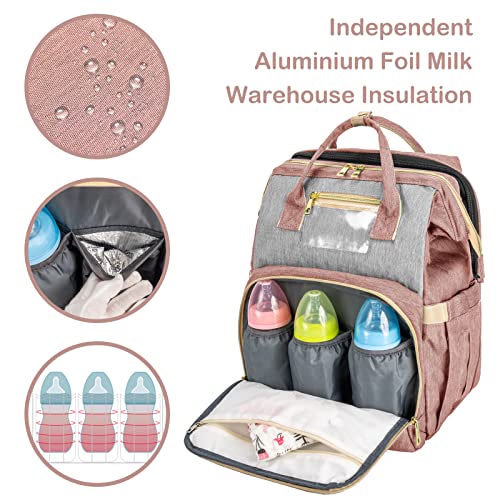 KABAQOO Diaper Bag Backpack, Large Baby Diaper Bags for Boys Girls, Baby Bag with USB Charging Port, Multifunction Waterproof Travel Back Pack for Moms Dads, Pink Grey