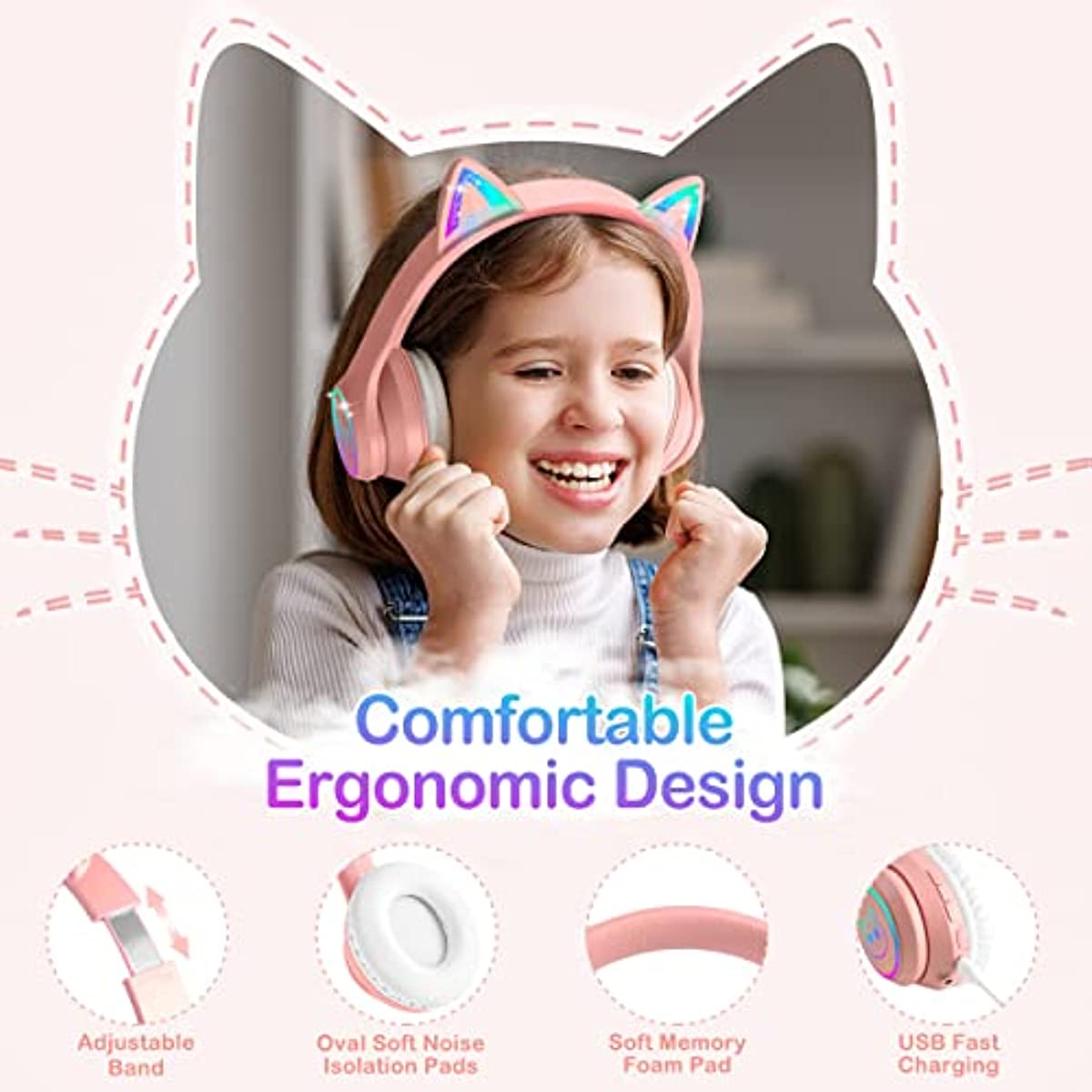 LOBKIN Bluetooth 5.1 Kids Headphones with Case - RGB LED Light Up Cat Ears Foldable Adjustable On-Ear Headset Support Wireless or 3.5mm Wired Mode for Toddler & Girls & Boys Teens (Pink)
