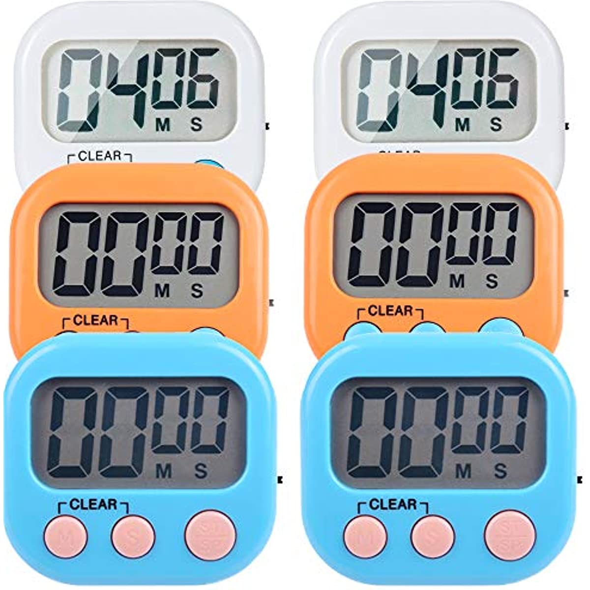 6 Pack Small Digital Kitchen Timer Magnetic Back and ON/Off Switch,Minute Second Count Up Countdown (Multicolored)
