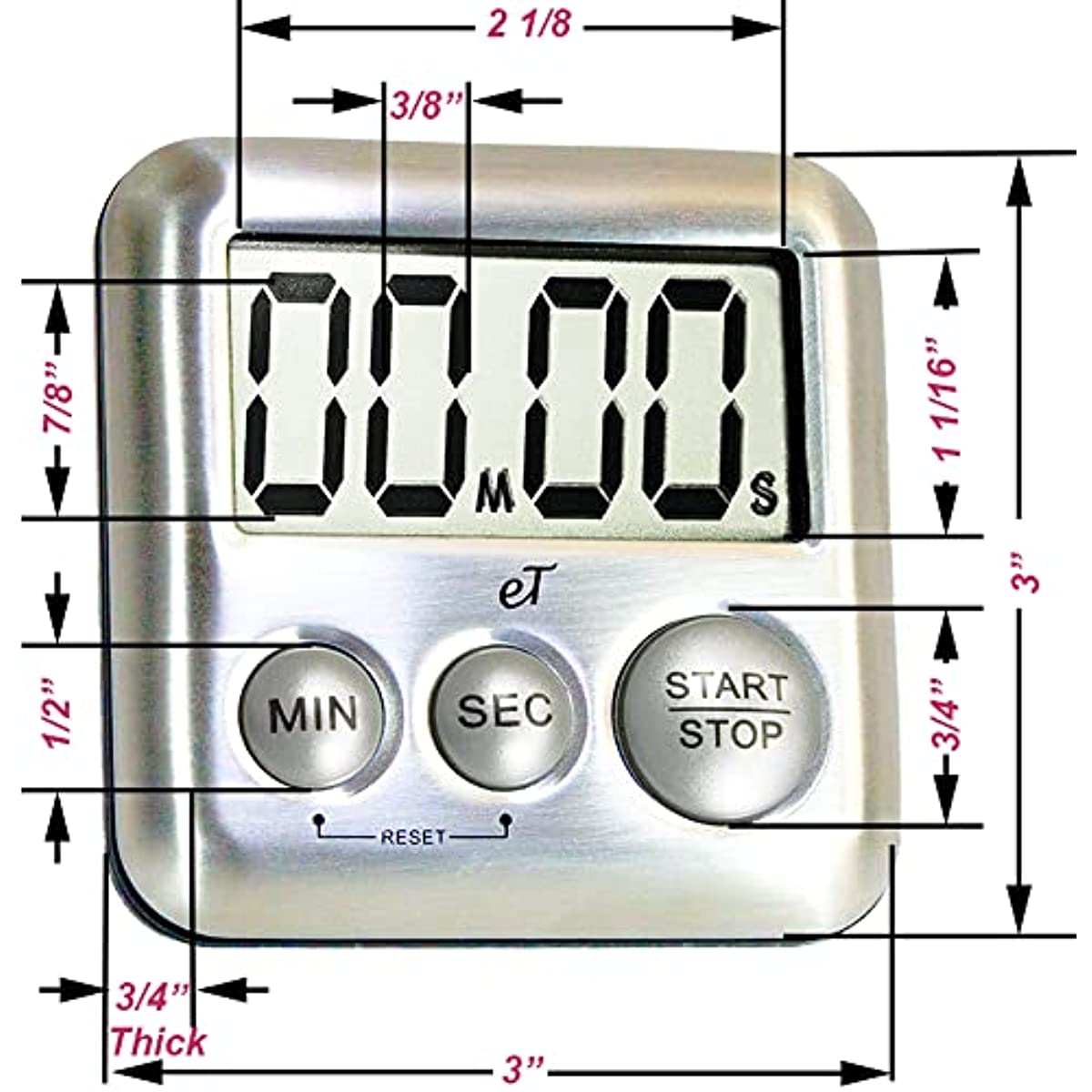 Elegant Digital Kitchen Timer Stainless Steel - Silver - Strong Magnetic Back - Kickstand - Loud Alarm - Large Display - Auto Memory - Auto Shut-Off - Model eT-26 (Silver) by eTradewinds