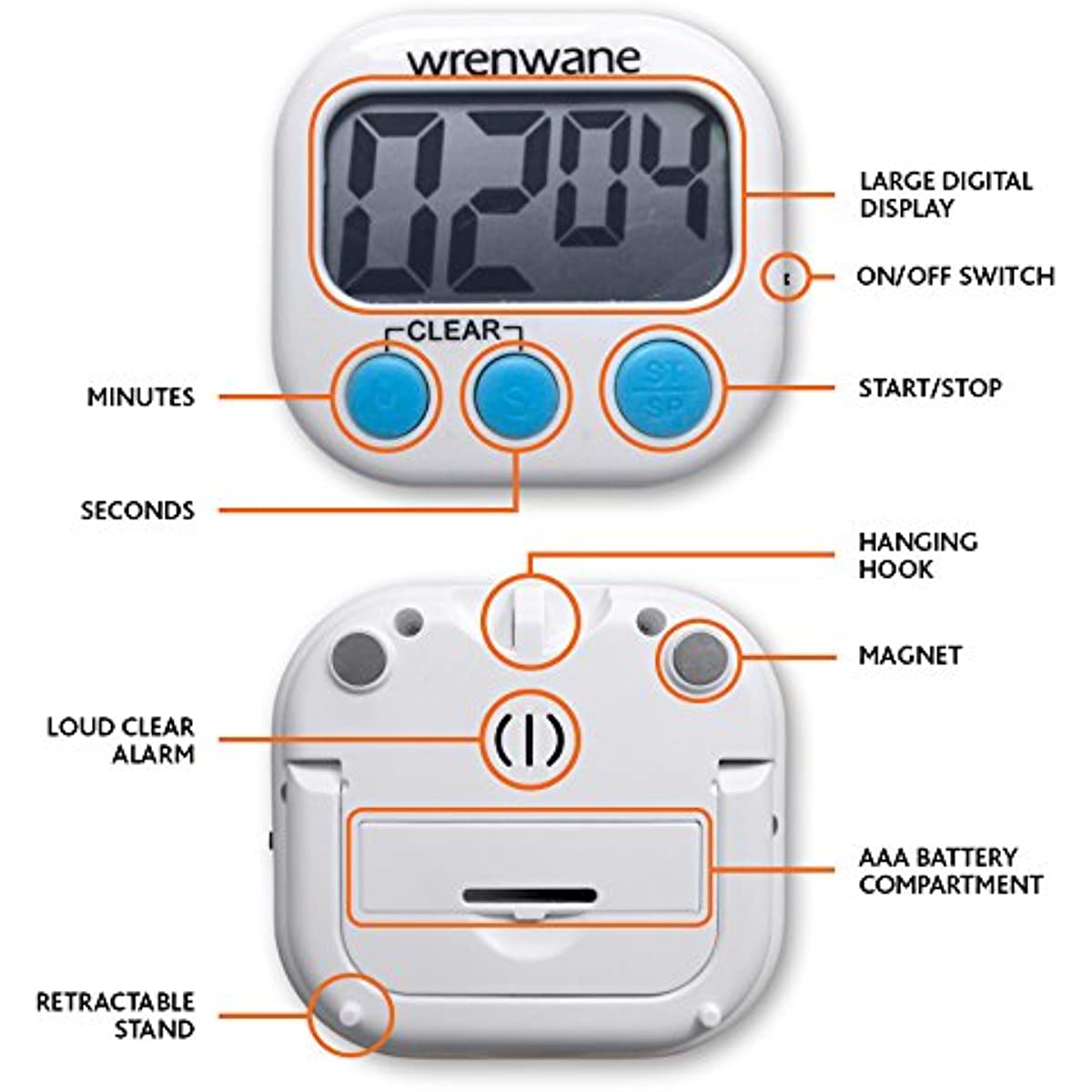 Wrenwane Digital Kitchen Timer (Upgraded), No Frills, Simple Operation, Big Digits, Loud Alarm, Magnetic Backing, Stand, White (1) (1) (1)