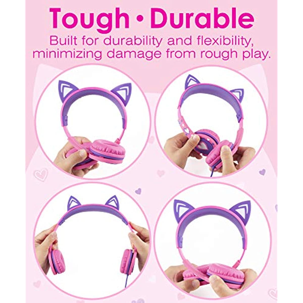 FosPower Kids Headphones with LED Cat Ears, 3.5mm On-Ear Wired Headset with Laced Cables for iPad/Smartphones/PC/Kindle/Tablet/Laptop/School (Max Volume 85dB) - Hot Pink/Purple