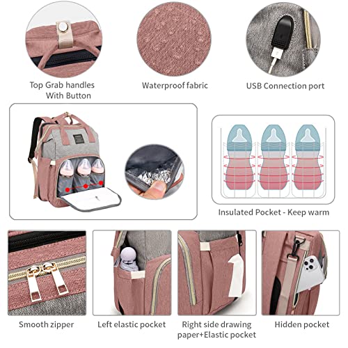 Fwkekye Baby Diaper Bag Backpack with Changing Station, Baby Registry Search Shower Gifts, Baby Bags for Boy Girl, New Mom Gifts for Women, Large Capacity, USB Port, Pink