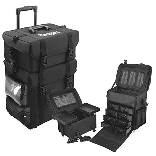 Kemier Rolling Makeup Train Case - Professional 2 in 1 Soft Sided Nylon Travel Makeup Case Artist Cosmetic Organizer Storage with Wheels Drawers