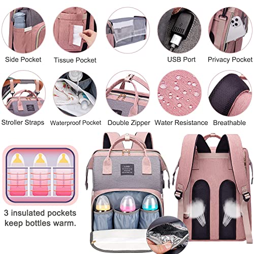 ANWTOTU Diaper Bag Backpack,7 in 1 Travel Diaper Bag,Mommy Bag With USB Charging Port (Pink-Grey)