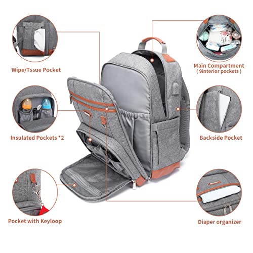 BILLITON MASHI Diaper Bag Backpack, Large Baby Nappy Bags with Portable Changing Pad for Boys and GirlsMultifunction Travel Baby Bag for Moms Dads, Shower Gifts Waterproof and Stylish, Grey