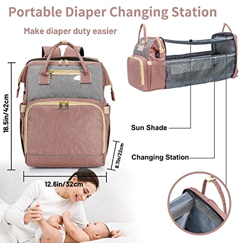 KABAQOO Diaper Bag Backpack, Large Baby Diaper Bags for Boys Girls, Baby Bag with USB Charging Port, Multifunction Waterproof Travel Back Pack for Moms Dads, Pink Grey