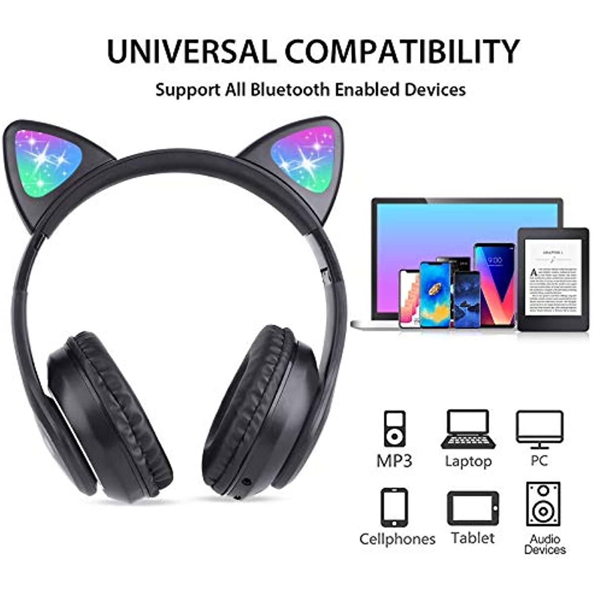Wireless Headphones TCJJ Cat Ear LED Light Up Bluetooth Foldable Headphones Over Ear w/Microphone for Online Distant Learning (Black)