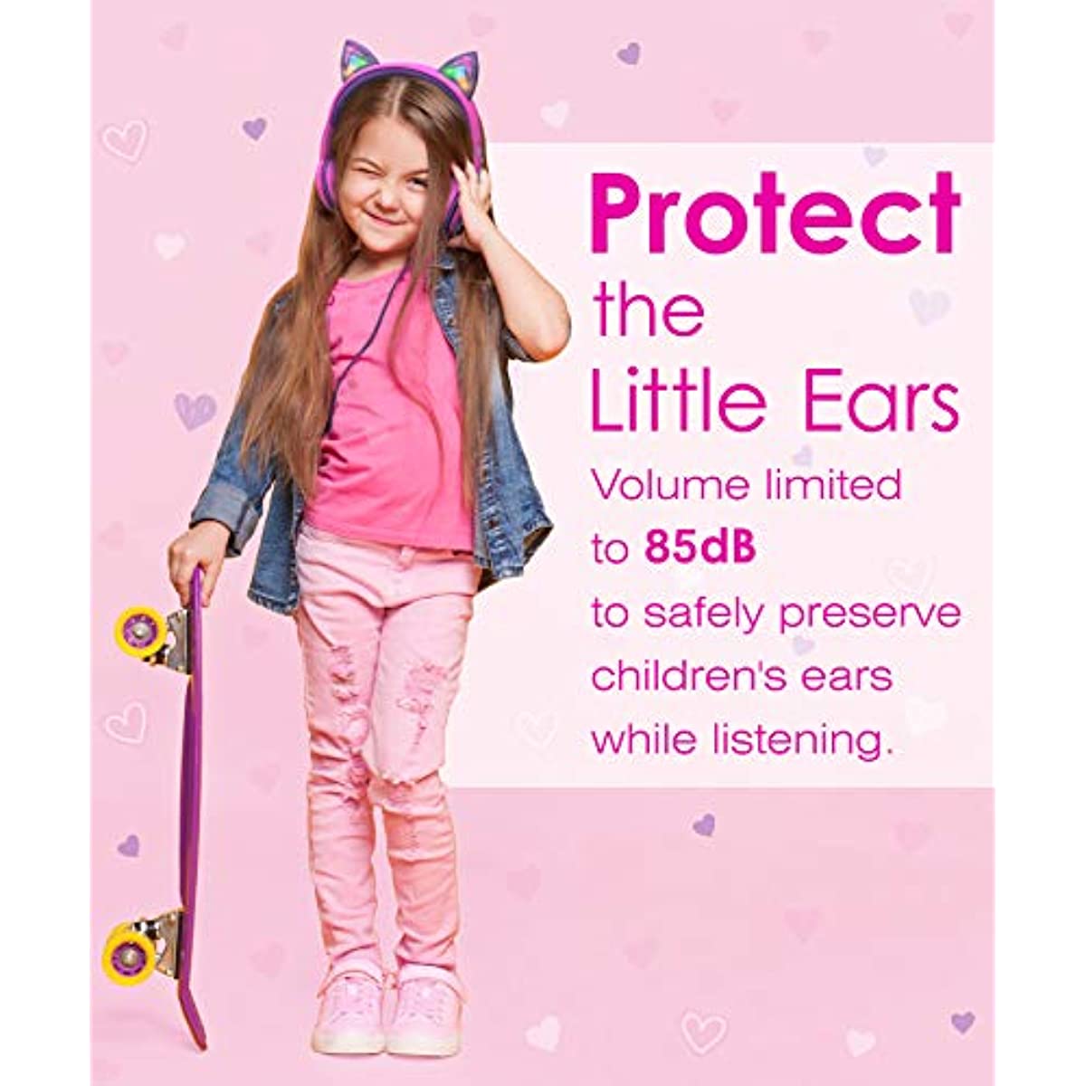 FosPower Kids Headphones with LED Cat Ears, 3.5mm On-Ear Wired Headset with Laced Cables for iPad/Smartphones/PC/Kindle/Tablet/Laptop/School (Max Volume 85dB) - Hot Pink/Purple