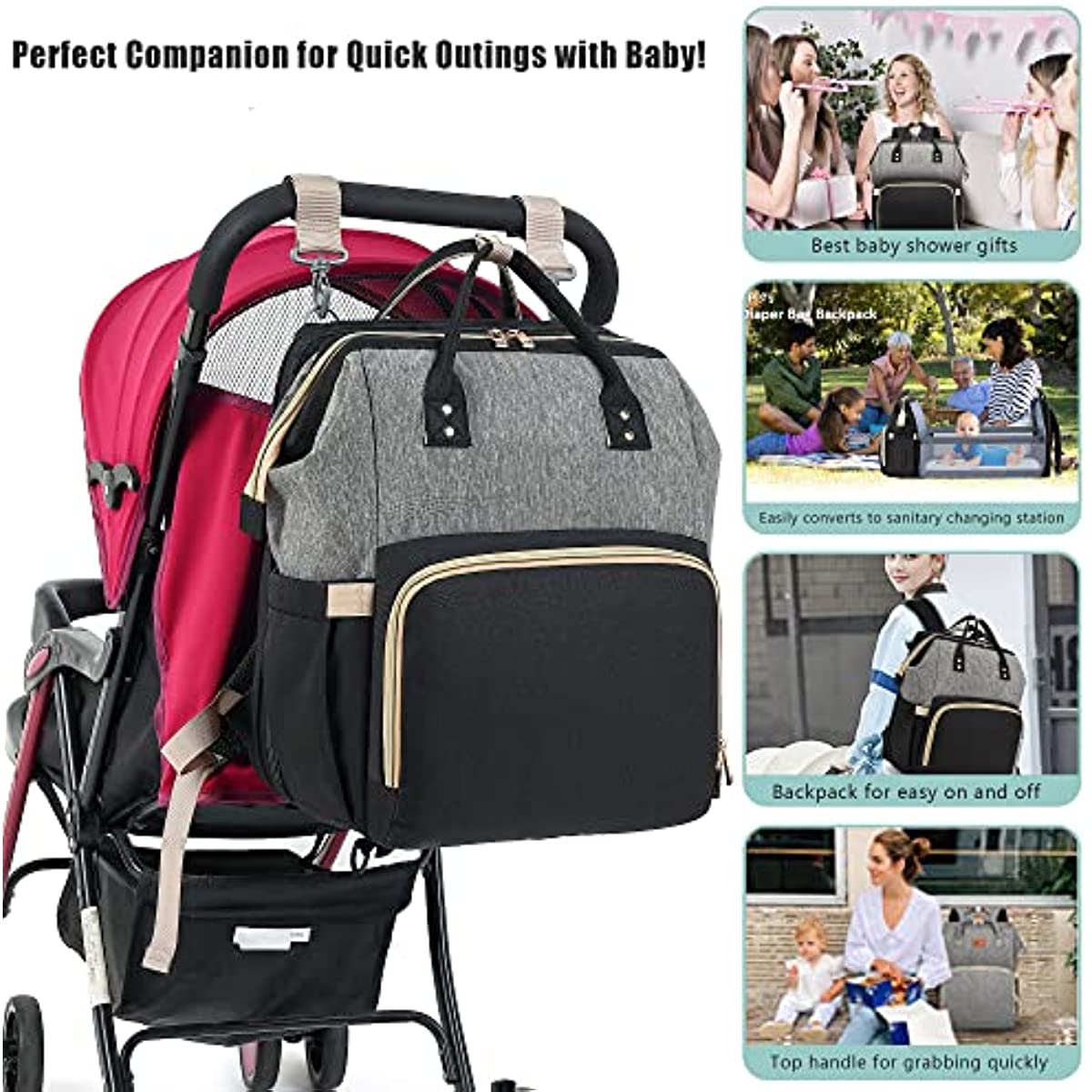 Diaper Bag Backpack - Large Travel Diaper Bags for Baby Girl & Boy - Portable Changing Pad, Stroller Straps, Insulated Pockets - Waterproof - Baby Shower Gifts - 16.5x9.4x14", 30L Capacity, Black Gray