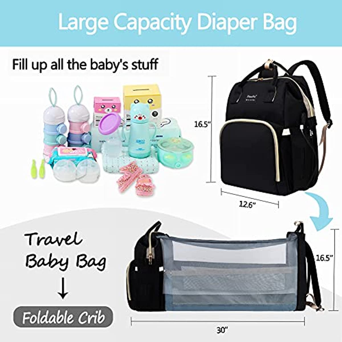 PaurFu Backpack Diaper Bags, Waterproof Mom Baby Bag for Boy Girl (Black)…