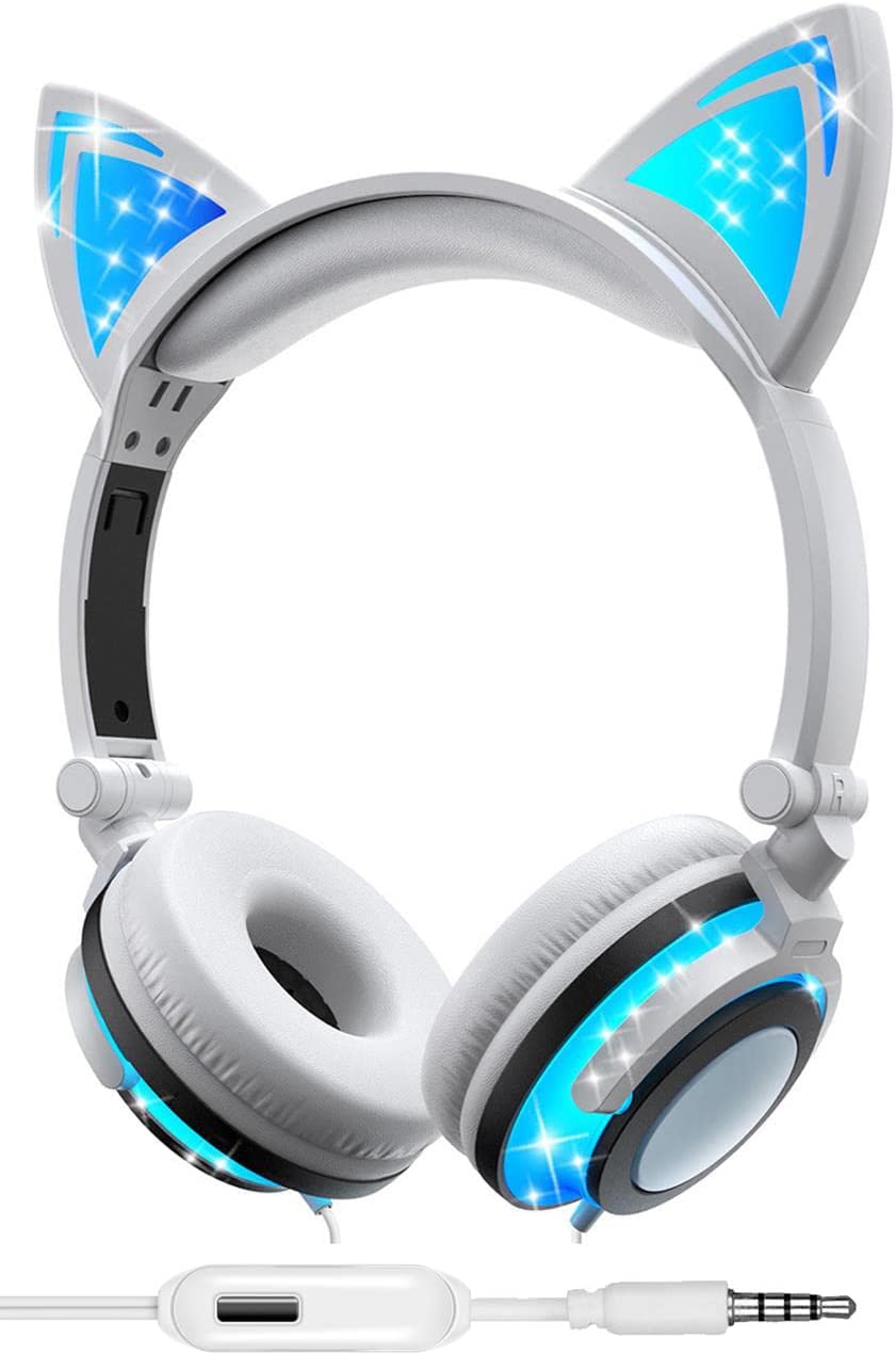 Olyre Wired Kids Headphones,Safe 85db Volume Control On-Ear LED Kitty Headphones with Mic for Kids Boys Girls Children Headset for Computer Tablet iPad Laptop Gamepad (Purple)