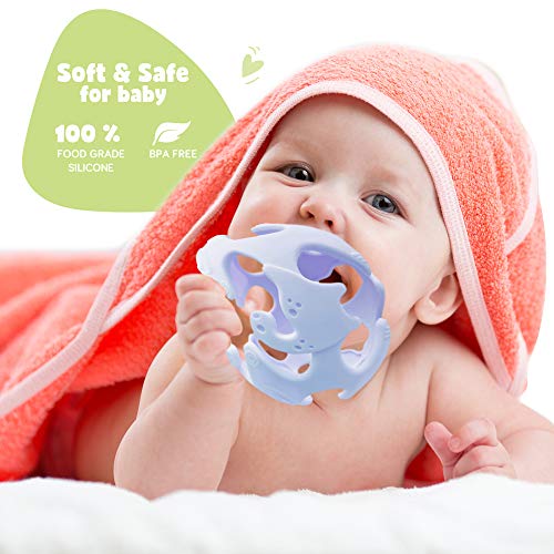 Ashtonbee Dino Baby Teething Toys, Food-Grade Silicone Teethers for Babies, Textured Sensory Balls Teething Toy, Soft and Safe Sensory Chew Toys for Teething Baby, Easy to Clean and Store, Blue