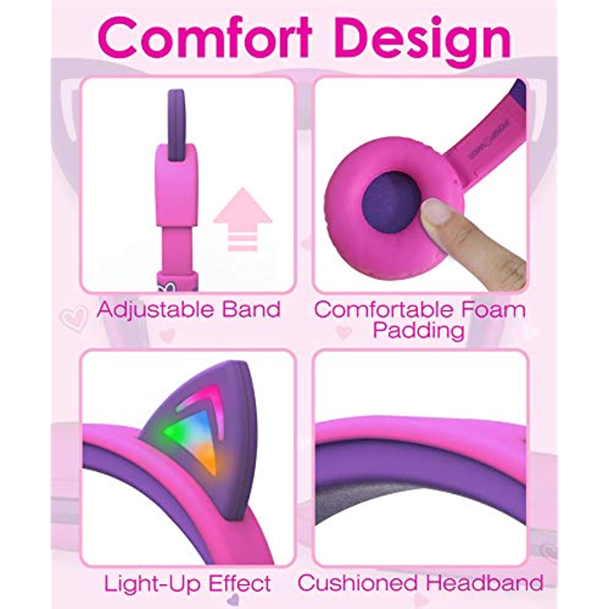 FosPower Kids Headphones with LED Cat Ears, 3.5mm On-Ear Wired Headset with Laced Cables for iPad/Smartphones/PC/Kindle/Tablet/Laptop/School (Max Volume 85dB) - Hot Pink/Purple