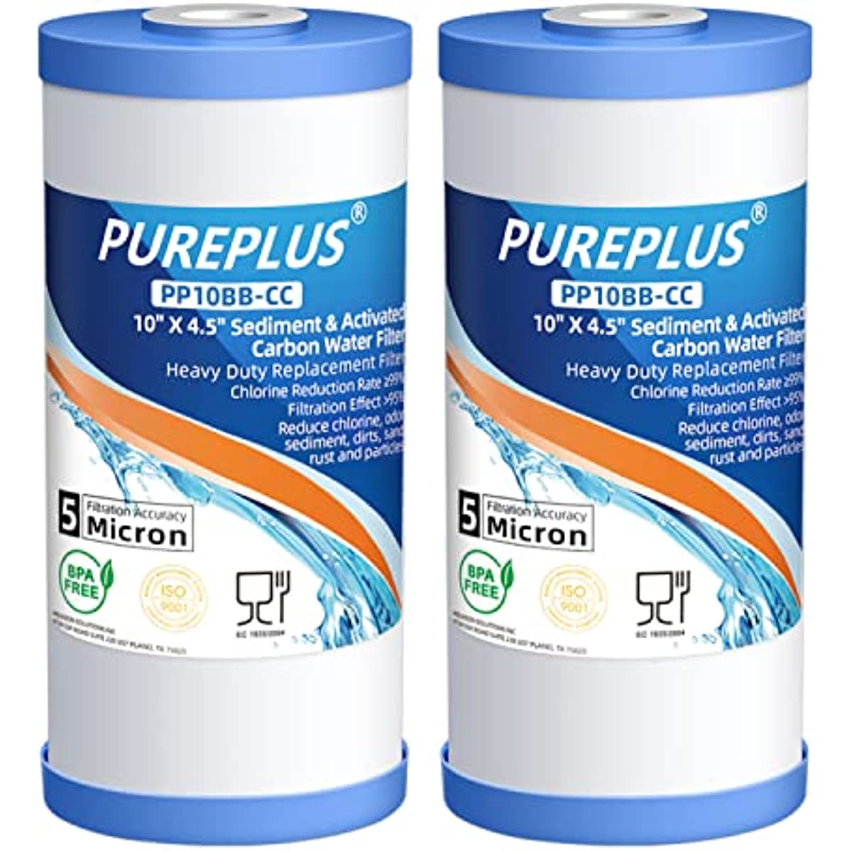 PUREPLUS 5 Micron 10" x 4.5" Whole House Sediment and Carbon Water Filter Replacement Cartridge for GE FXHTC, GXWH40L, GXWH35F, GNWH38S, Culligan RFC-BBSA, WRC25HD, PP10BB-CC, Pentek RFC-BB, 2Pack