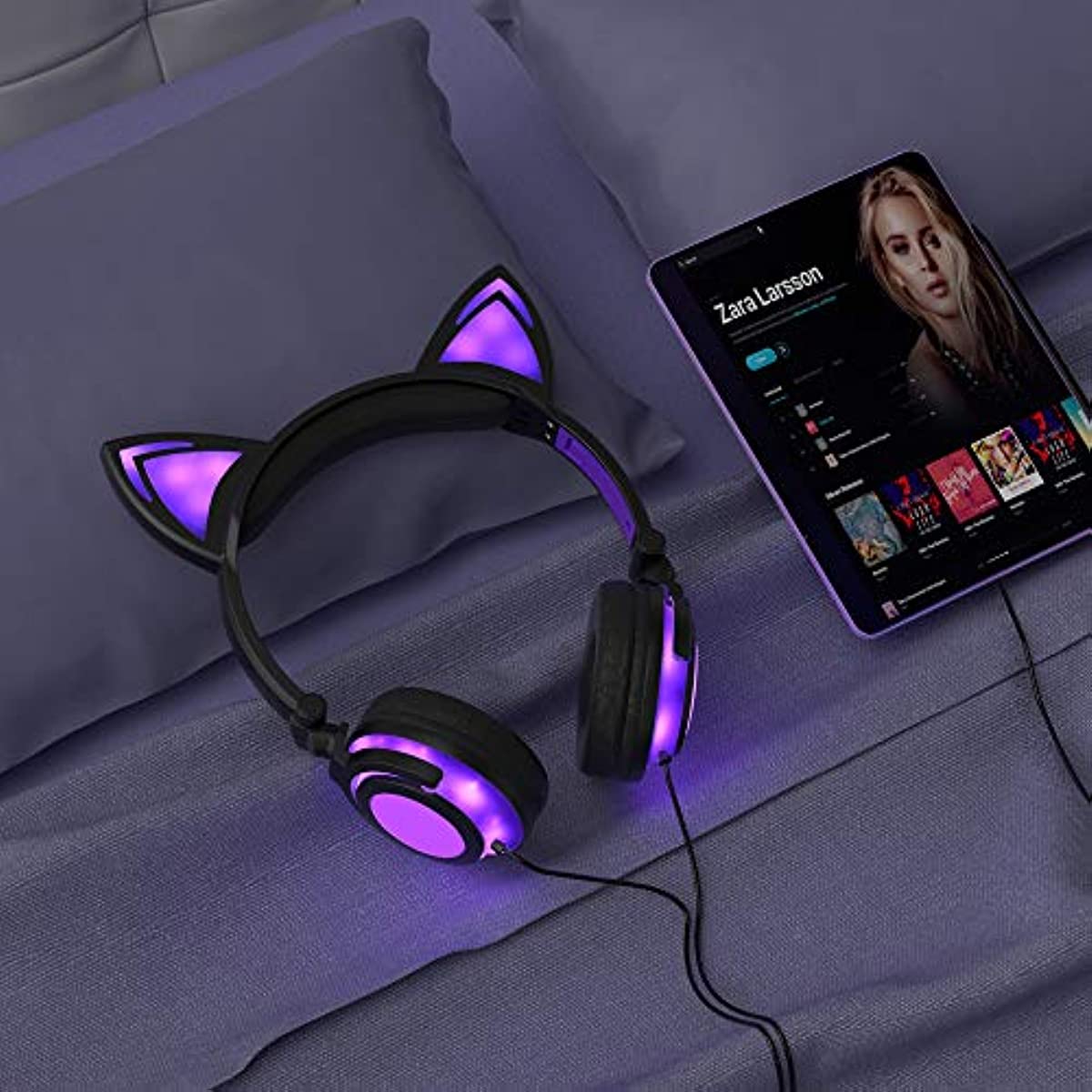 Olyre Wired Kids Headphones,Safe 85db Volume Control On-Ear LED Kitty Headphones with Mic for Kids Boys Girls Children Headset for Computer Tablet iPad Laptop Gamepad (Purple)