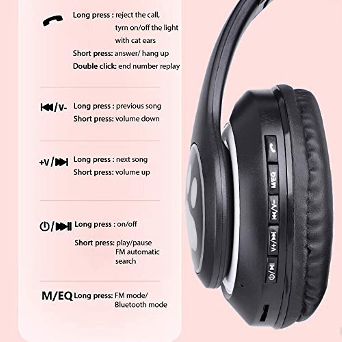 Wireless Headphones TCJJ Cat Ear LED Light Up Bluetooth Foldable Headphones Over Ear w/Microphone for Online Distant Learning (Black)