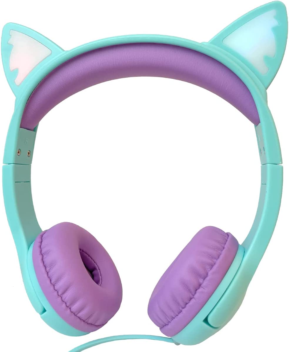 Olyre Kids Headphones, Safe 85db Volume Control Light Up Cat Ear Headphones for iPad Fire Tablet Kindle, On-Ear LED Children Headphones for School Learning Travel - Purple/Pink
