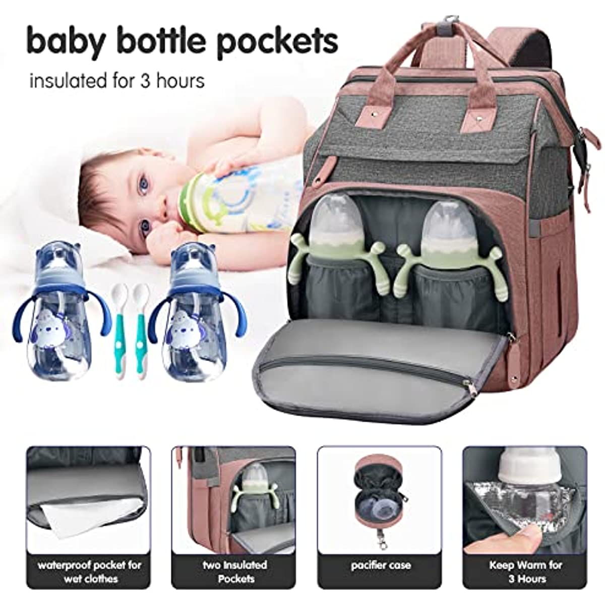DERJUNSTAR Baby Diaper Bag Backpack, Diaper Changing Station, Baby Bags for Boys Girls,Waterproof Changing Pad,USB Charging Port,Pacifier Case, Sunshade and Toy Bar, Pale Pink