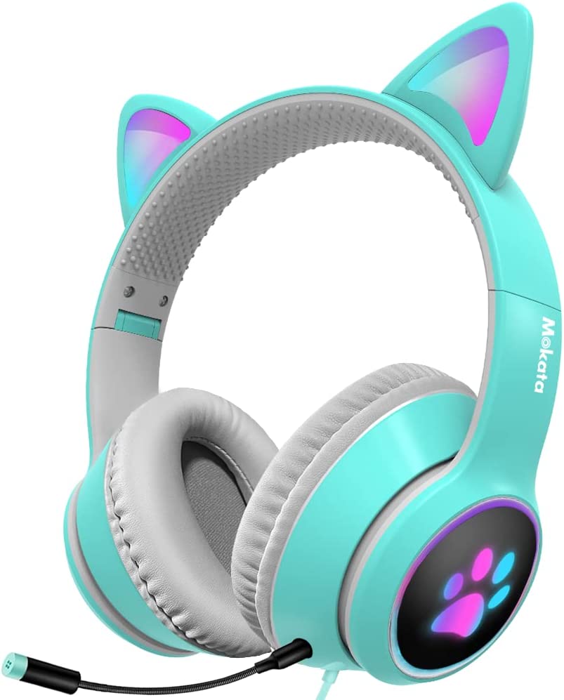 Mokata Gaming Headphone Wired AUX 3.5mm Over Ear Cat LED Light Fit Adult & Kids Foldable Stereo Headset Earmuffs with Microphone for PC PS4 Game Cellphone Laptop Pad H02 Navy Blue