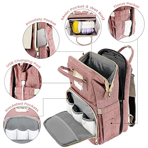 HOTBEST Baby Diaper Bag Backpack, Portable Travel Bags, Newborn Registry Baby Shower Gifts Essentials Accessories Stuff for Girls Boys Men Dad Mom Pink