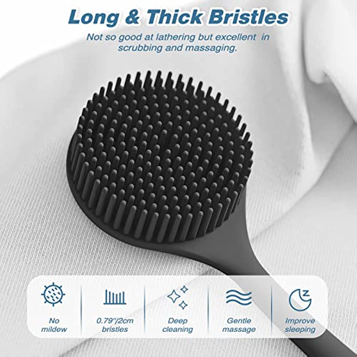ManmiHealth Silicone Back Scrubber for Shower(New-Version), Body Scrubber with 15'' Long Handle, Light & Easy-to-Hold Shower Brush for Skin Exfoliating and Massaging, Not Good in Lathering.(Black)