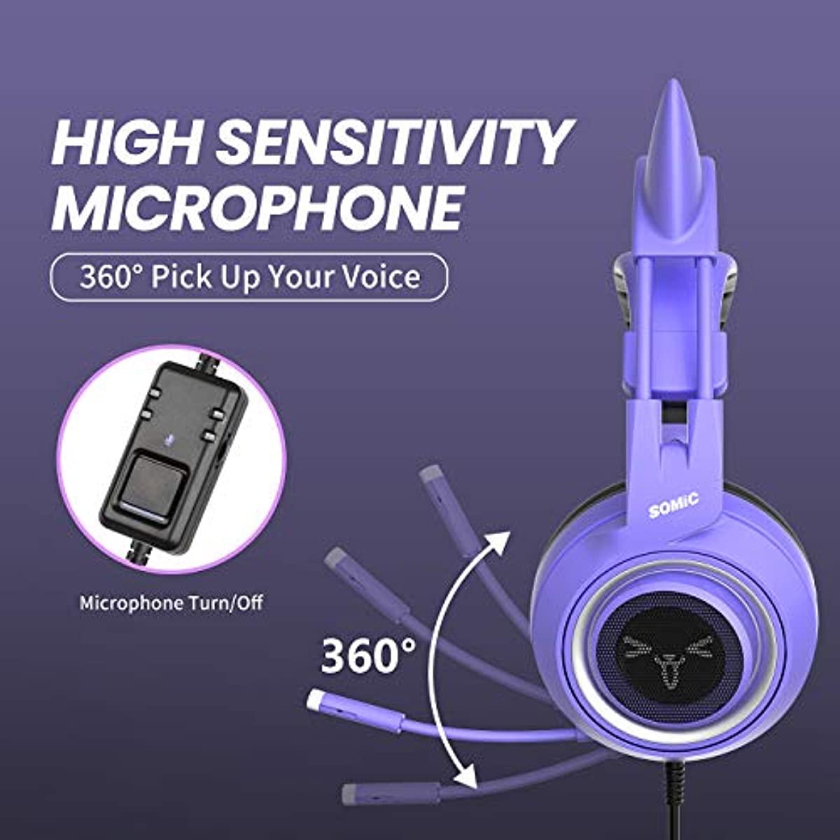 SOMIC G951S Purple Stereo Gaming Headset with Mic for PS4, PS5, Xbox One, PC, Phone, Detachable Cat Ear 3.5MM Noise Reduction Headphones Computer Gaming Headphone Self-Adjusting Gamer Headsets