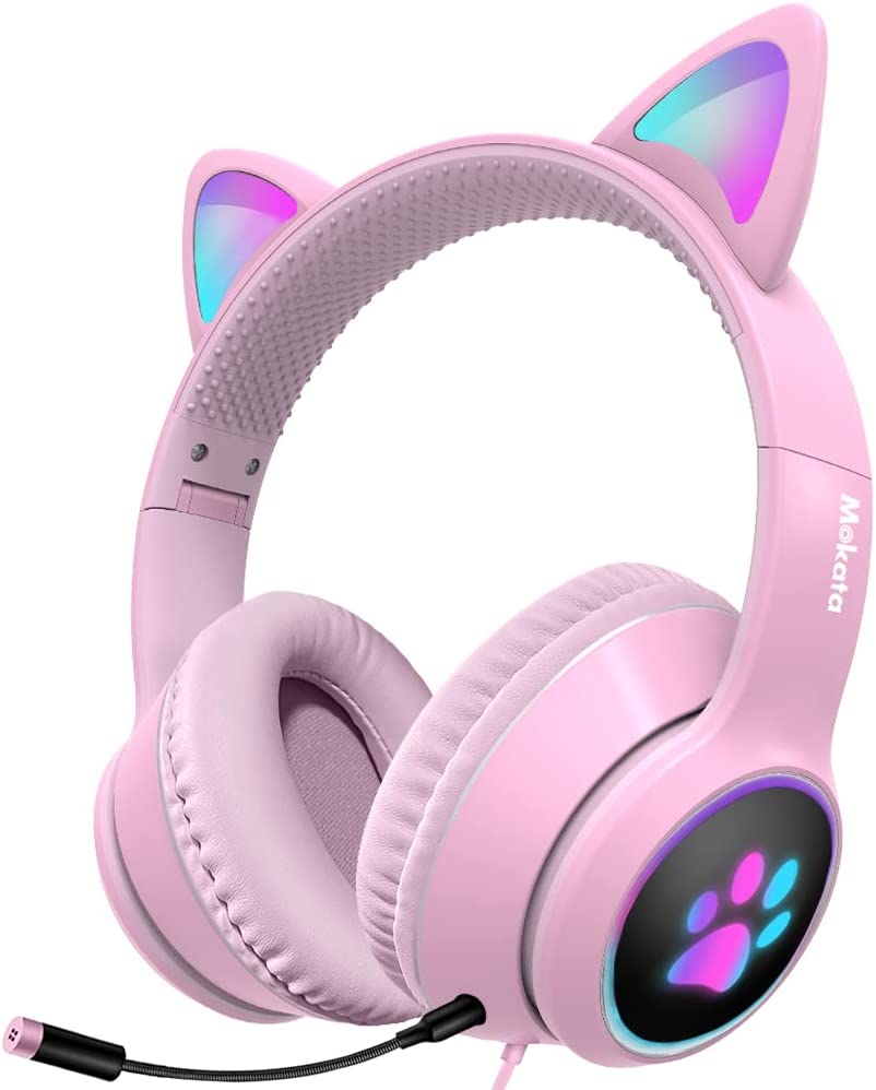 Mokata Gaming Headphone Wired AUX 3.5mm Over Ear Cat LED Light Fit Adult & Kids Foldable Stereo Headset Earmuffs with Microphone for PC PS4 Game Cellphone Laptop Pad H02 Navy Blue