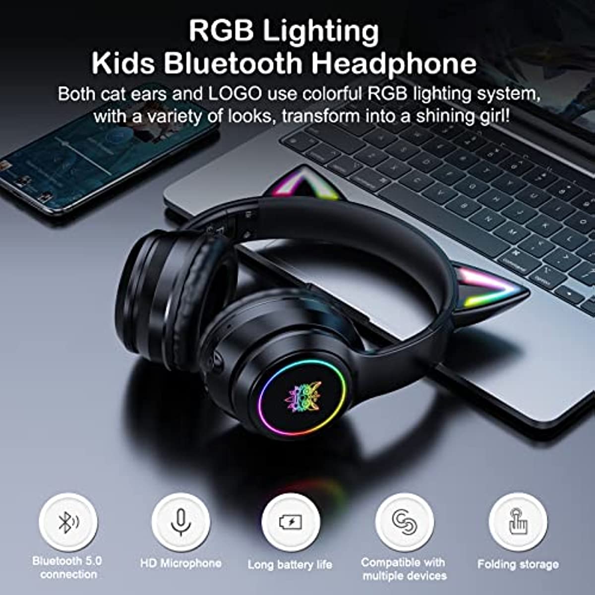 ONITOON Cat Ear Bluetooth Headphones with Micphone for Kids & Adults, LED Light Up Wireless HI-FI Sound Quality, Over-Ear Headphones with Volume Control for iPhone/iPad/Laptop/PC(55H Play Time)