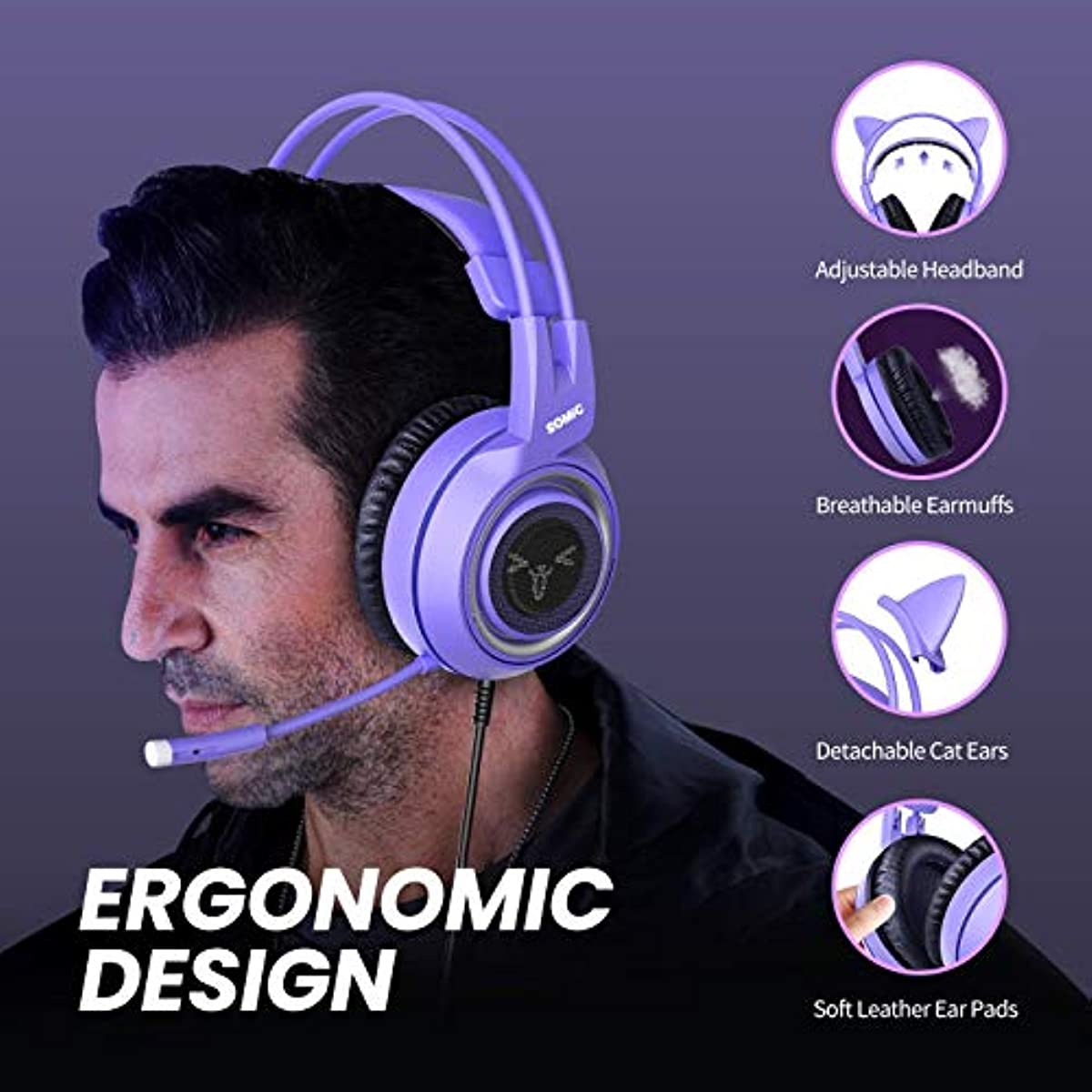 SOMIC G951S Purple Stereo Gaming Headset with Mic for PS4, PS5, Xbox One, PC, Phone, Detachable Cat Ear 3.5MM Noise Reduction Headphones Computer Gaming Headphone Self-Adjusting Gamer Headsets