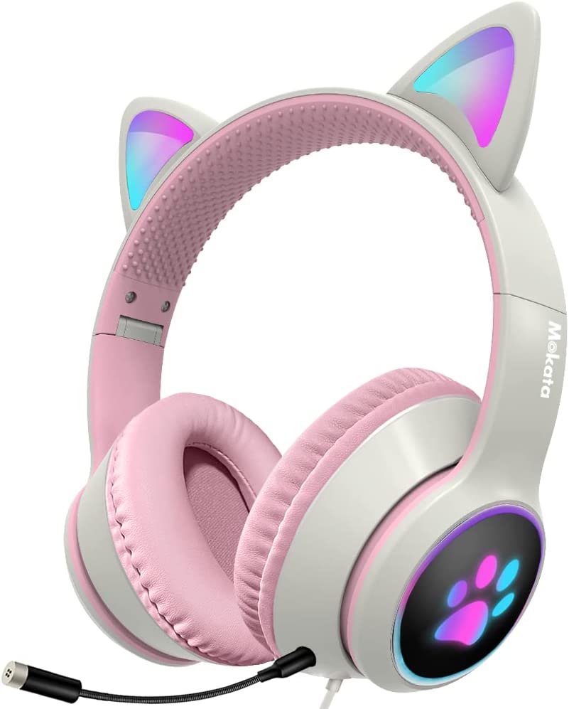 Mokata Gaming Headphone Wired AUX 3.5mm Over Ear Cat LED Light Fit Adult & Kids Foldable Stereo Headset Earmuffs with Microphone for PC PS4 Game Cellphone Laptop Pad H02 Navy Blue