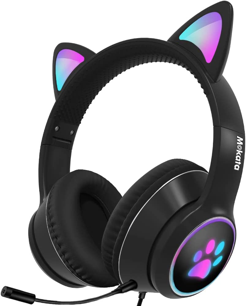 Mokata Gaming Headphone Wired AUX 3.5mm Over Ear Cat LED Light Fit Adult & Kids Foldable Stereo Headset Earmuffs with Microphone for PC PS4 Game Cellphone Laptop Pad H02 Navy Blue