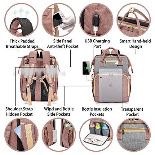KABAQOO Diaper Bag Backpack, Large Baby Diaper Bags for Boys Girls, Baby Bag with USB Charging Port, Multifunction Waterproof Travel Back Pack for Moms Dads, Pink Grey