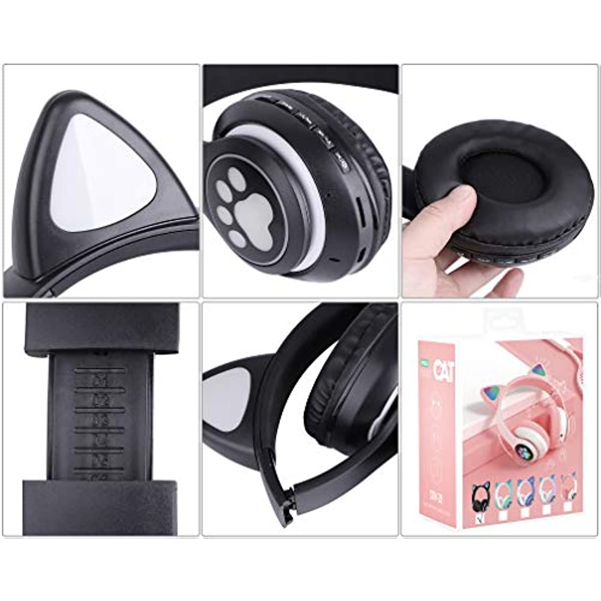 Wireless Headphones TCJJ Cat Ear LED Light Up Bluetooth Foldable Headphones Over Ear w/Microphone for Online Distant Learning (Black)