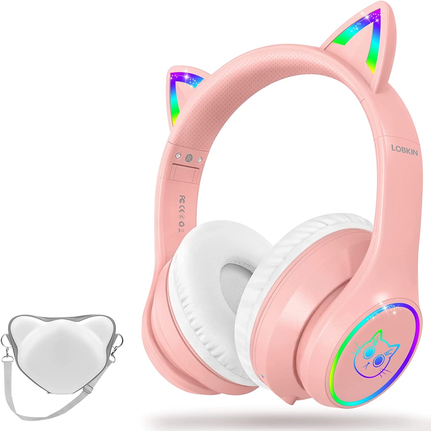 LOBKIN Bluetooth 5.1 Kids Headphones with Case - RGB LED Light Up Cat Ears Foldable Adjustable On-Ear Headset Support Wireless or 3.5mm Wired Mode for Toddler & Girls & Boys Teens (Pink)