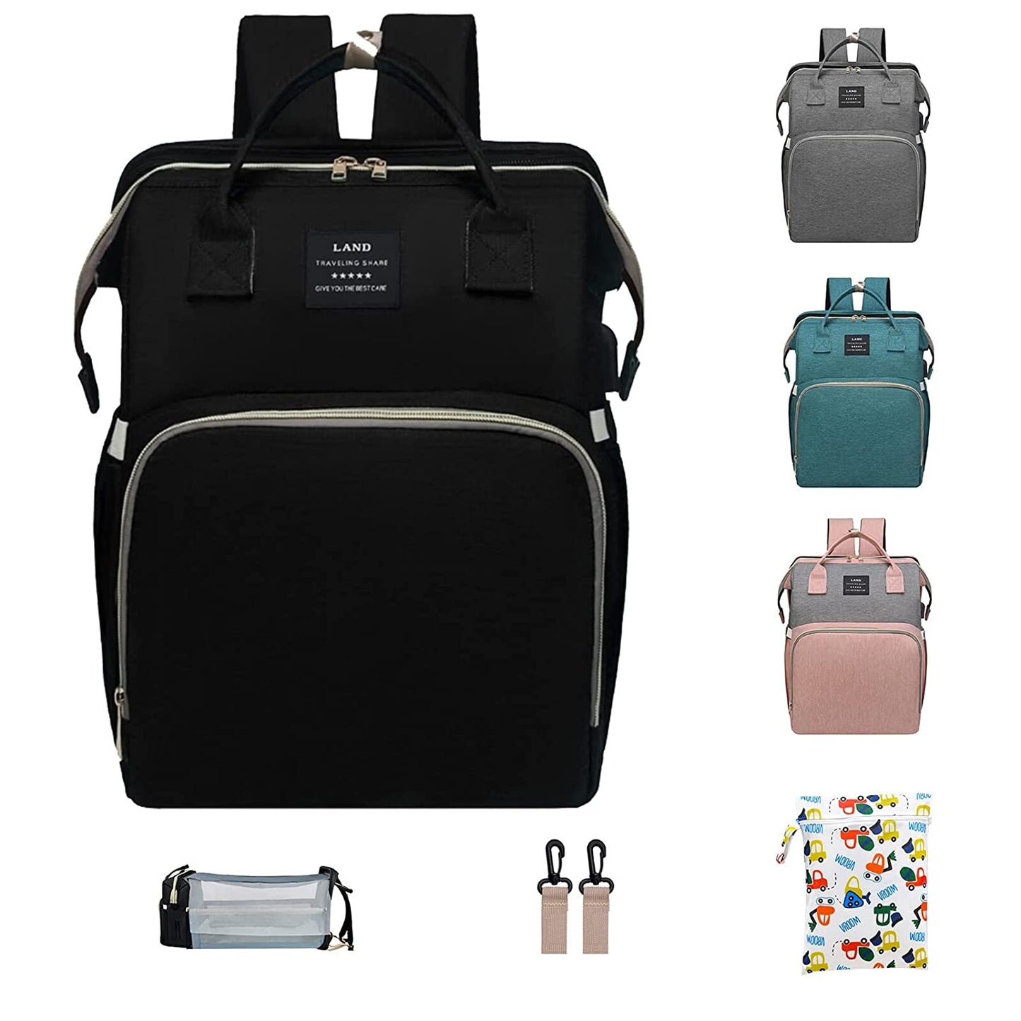 ANWTOTU Diaper Bag Backpack,7 in 1 Travel Diaper Bag,Mommy Bag With USB Charging Port (Pink-Grey)