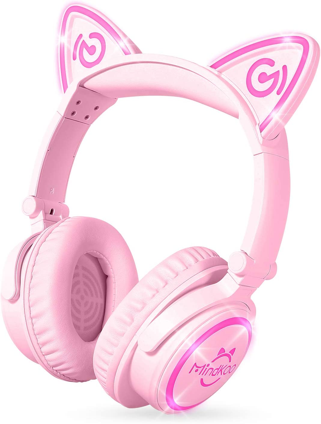 Mindkoo Cat Ear Bluetooth Headphones Pink, LED Light Up Over Ear Wireless Headphones with Microphone, Comfort Foldable Headset for Kids & Adults