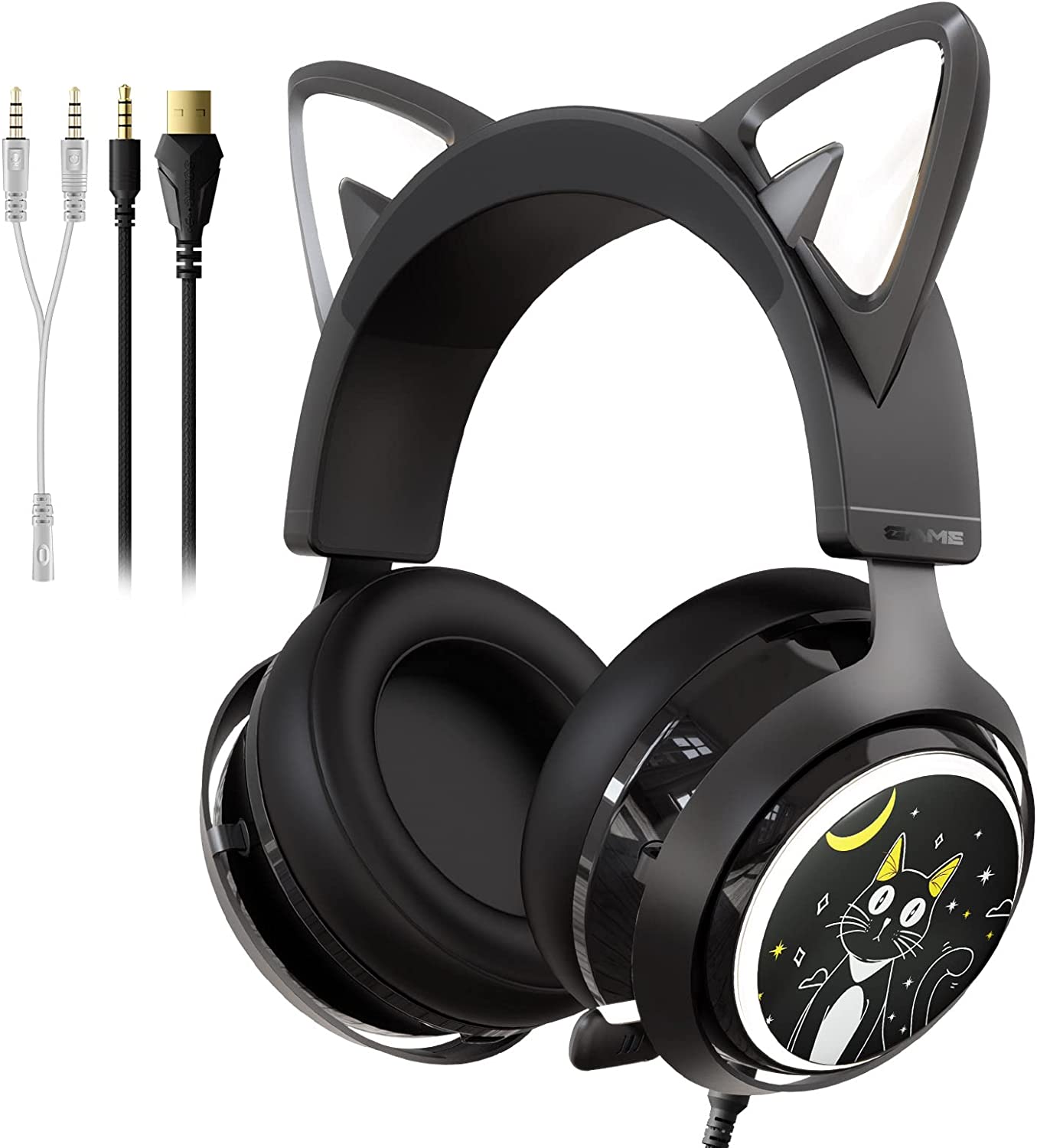 SOMIC GS510 Gaming Headset, Cat Ear Headset PC Gaming Headphones with Retractable Mic Noise Cancelling, Stereo Sound, DIY Face Covers for PC, PS4, PS5, Xbox One (Only White LED Light)