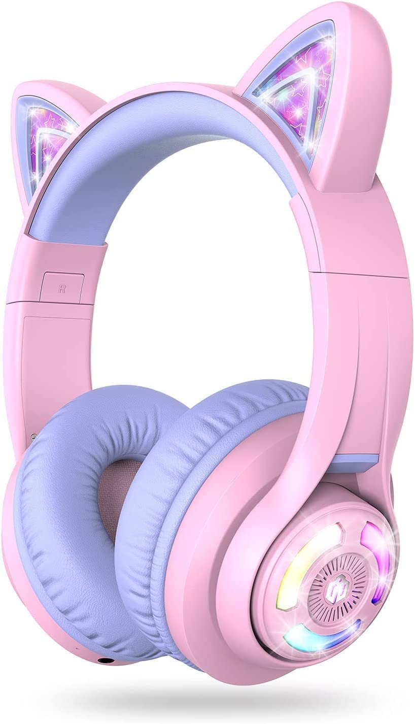 iClever Cat Ear Kids Bluetooth Headphones,LED Light Up On Ear Kids Wireless Headphones with Mic,74/85/94dB Volume Limited,50H Playtime,Bluetooth 5.2,Pink Headphones for iPad/Tablet/PC/Travel,BTH13